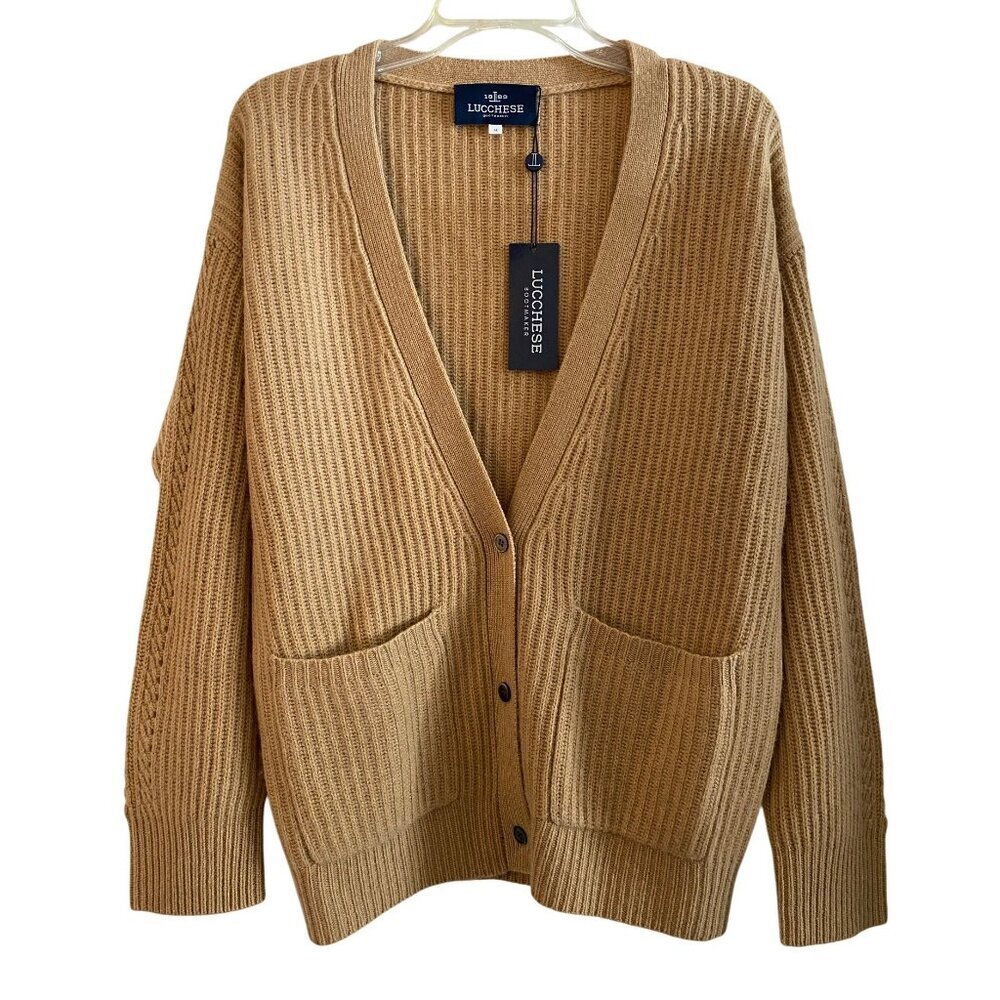 Lucchese Cashmere Fisherman Rib Cardigan size‎ M Camel Tan